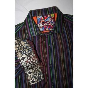 Robert Graham Men's XL Classic Fit Black Striped Mini Paisley Long Sleeve Shirt